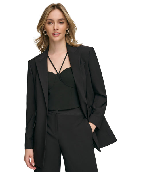Women's Notched Lapel Open-Front Blazer, Strappy Sweetheart-Neck Corset Top & High-Rise Wide-Leg Pants